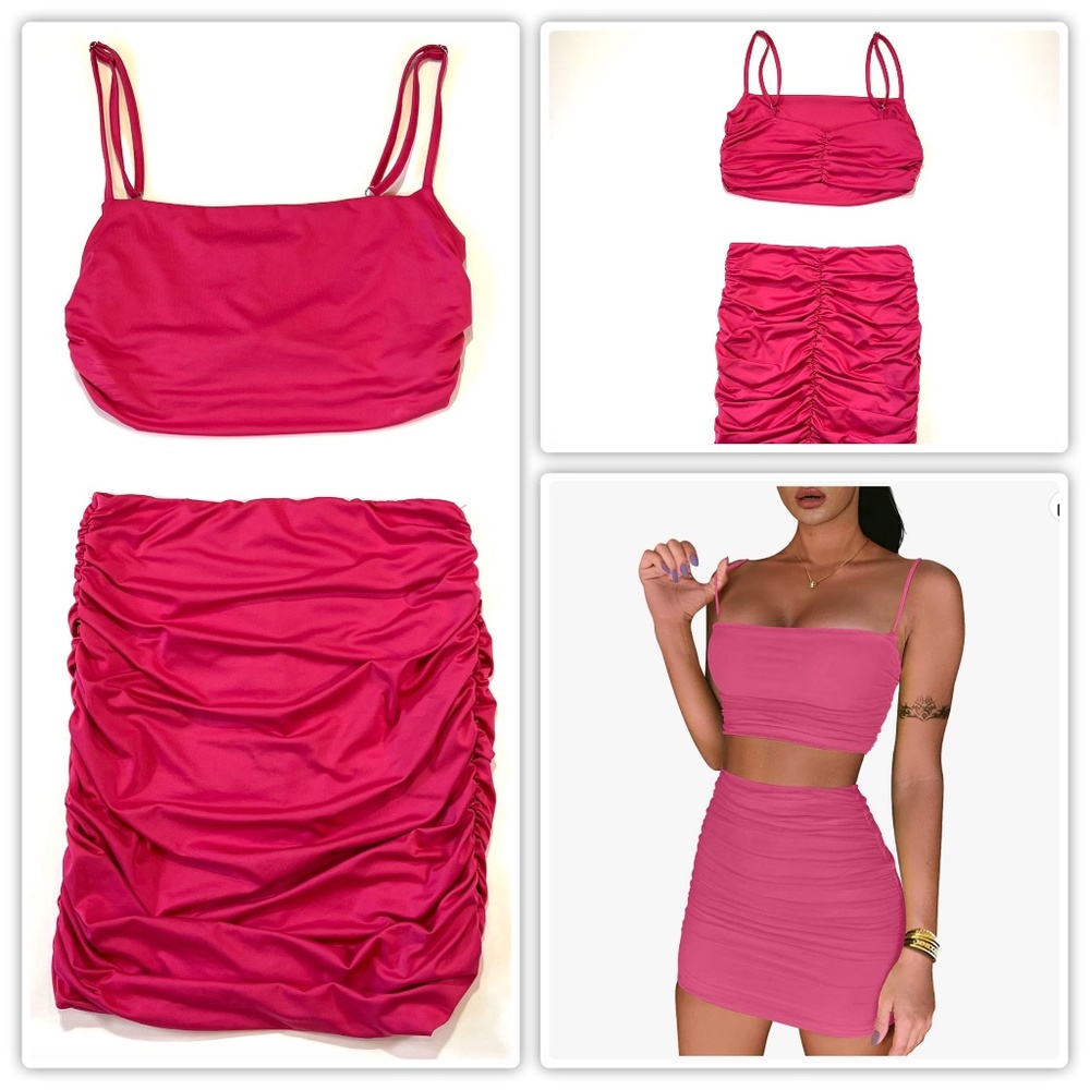 Hot Pink 2 Piece Body Con Cami Crop Top and Ruched Mini Skirt Dress Medium - EUC